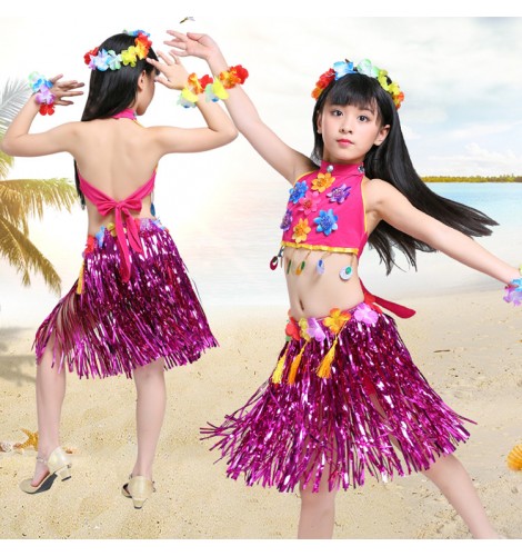 Girls Hawaiian Hula performance costumes for children grass hula Skirt ...