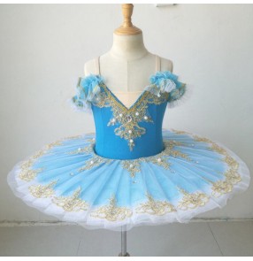 Girls kids blue ballet dance dress little swan lake ballerina pancake skirt stage performance ballet dresses
