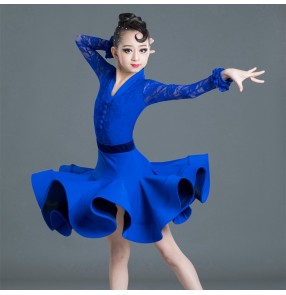 Girls kids children yellow royal blue lace latin dance dresses competition stage performance ballroom latin dresses for children