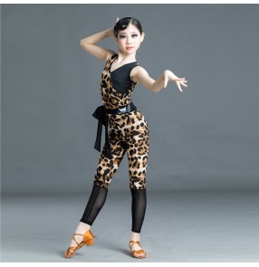 Girls kids leopard latin dance dress stage performance blue purple leopard latin dance costumes for children
