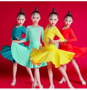 Girls kids mint yellow dark green competition latin dance dresses stage performance latin dance ballroom dance dress for children