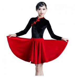 Girls kids velvet black red latin dance dresses stage performance latin qipao dresses salsa dance costumes for kids children