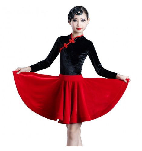 Girls kids velvet black red latin dance dresses stage performance latin ...