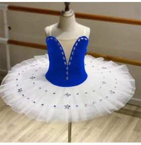 girls kids White with royal blue velvet tutu skirts ballet dance dresses little swan lake pancake ballerina classical ballet dance costumes for children