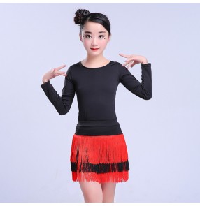 Girls latin dance dresses black and red tassels competition stage performance salsa chacha rumba dancing tops and leotards skirts
