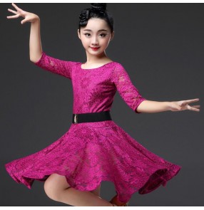 Girls latin dance dresses lace dark green pink red wine competition professional rumba salsa chacha dance skirt dress costumes