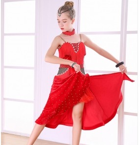 Girls latin tassels ballroom dance dresses black red stones competition rumba chacha dance skirts costumes dress