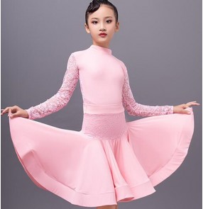 Girls light pink lace latin dance dresses for kids ballroom dance dress children latin dance skirt 