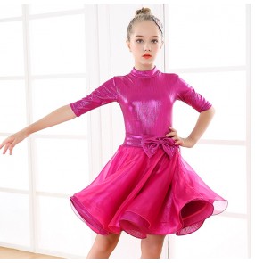 Girls modern dance ballroom latin dance dresses pink royal blue stage performance rumba chacha dance skirts dress