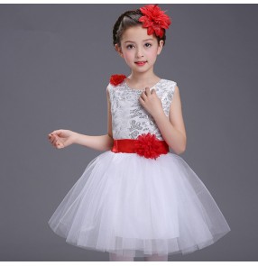 Girls princess jazz dance dresses white colored children modern dance singers chorus stage performance ballet dress