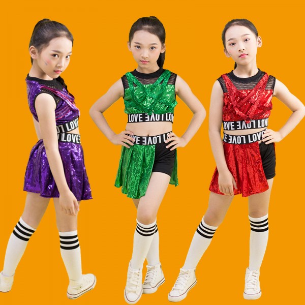 Children girls boy green with black jazz dance hip-hop costumes loose  waistcoat street rapper gogo dancers suit model show wear