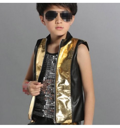 Gold black patchwork sleeveless turtle neck boys kids leather motor ...