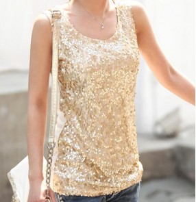 Gold black sequins glitter v neck girls women's casual loose style night club jazz performance singers pole dance vests tops