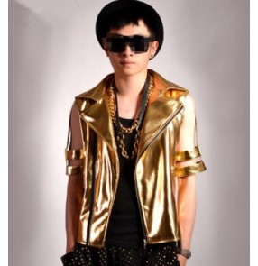Gold hollow short sleeves pu leather lapel collar men's male adult competition hip hop jazz dj singer punk rock bar t show play performance dance outfits jacket coat costumes