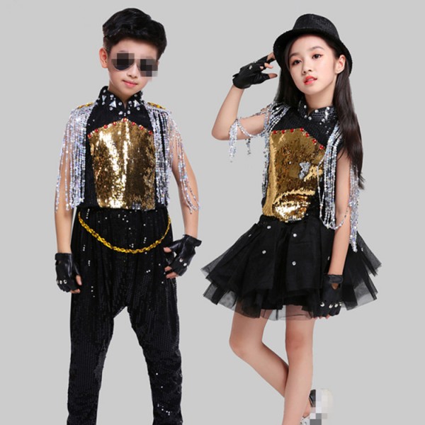 Girls Chinese dragon style singers rapper hip-hop street dance clothing  Martial arts performance clothing Boys gogo dancers hiphop clothes