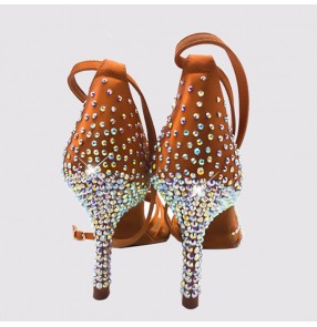 Handmade rhinestones women's girls competition ballroom latin dance shoes 8.5cm heel height