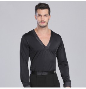 Adult boy's Men's deep v neck long sleeves stain ribbon latin dance shirt top black 