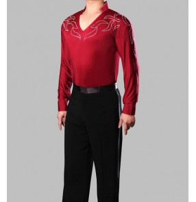 Adult boys kids children Men's male mans Wine red long sleeves spandex stand collar rhinestones v neck  leotard show play performance professional competition waltz tango flamenco dance shirts tops