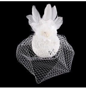 Birdcage Face Veil Wedding Bridal Fascinator Feather white Flower pillbox hat
