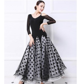 Black and polka dot middle long sleeves long length women's ladies female competition professional ballroom tango waltz dance dresses costumes dancewear