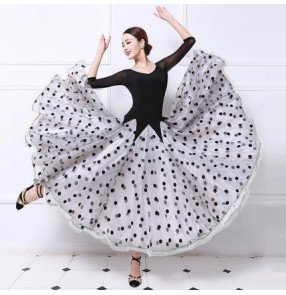 Black and white polka dot patchwork long length women's ladies female competition performance ballroom tango waltz dance dresses