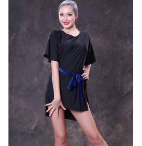 Black back with diamond short sleeves loose style women's competition performance latin ballroom dance tops dresses with sashes