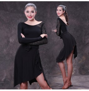 Black backless long lace sleeves stage performance competition professional women's ladies sexy fashion leotards latin ballroom dance outfits skirts costumes