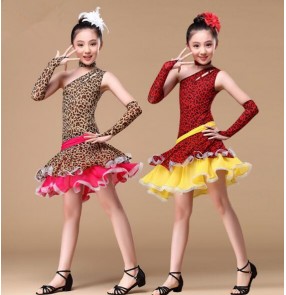 Black brown leopard printed girls kids child children toddler growth competition professional practice one inclined shoulder latin salsa cha cha rumba dance dresses with gloves