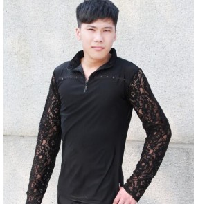 Black colored  lace  long sleeves turn down collar mens men's mans male competition practice latin dance waltz ballroom tango dance tops shirts