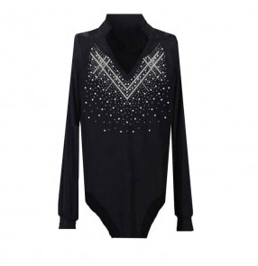 Black colored male mens mans men's long sleeves v neck stand collar rhinestones competition professional latin dance shirts tops