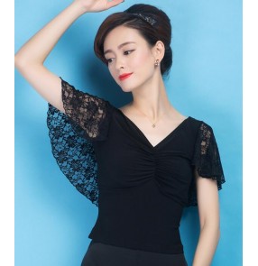 Black colored women's ladies female competition professional cap sleeves lace back v neck sexy latin ballroom tango waltz dance tops only 