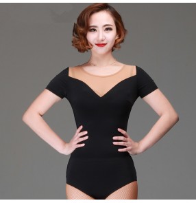 Black flesh fabric patchwork short sleeves v neck women's ladies competition performance professional sexy fashion ballroom latin leotards bodysuits jumpsuits tops