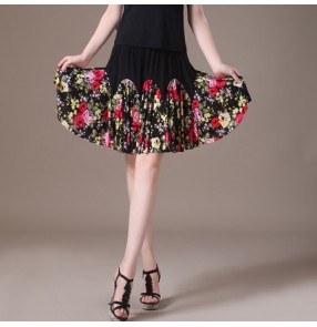 Black floral wine red colored women's ladies female exercises practice professional latin dance skirts samba salsa cha cha dance skirts with inside shorts
