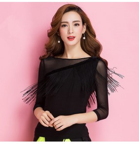 Black fringes mesh see through long sleeves women's competition performance latin ballroom salsa cha cha dance tops blouses