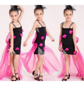 Black fuchsia patchwork colored girls kids child children strap backless with long tulle fabric tail modern dance stage performance jazz dj ds singer dance costumes dresses set 