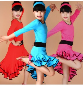Black fuchsia turquoise red patchwork colored girls kids child children toddlers long sleeves round neck irregualr hem leotard skirts  practice competition latin ballroom cha cha dance dresses