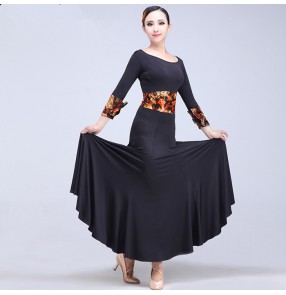 Black gold floral patchwork long sleeves women's ladies spandex competition performance professional ballroom tango waltz flamenco dance dresses costumes