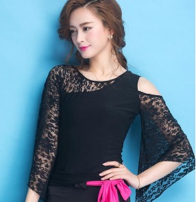  Black Lace hollow long sleeves sexy fashion women's ladies stage performance competition ballroom latin salsa samba dance tops blouses