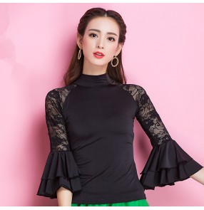 Black lace patchwork long flare sleeves women's sexy fashion turtle neck competition professional latin ballroom dance tops shirts blouses