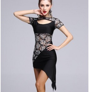 Black lace patchwork see through sexy fashionable ladies womens women's female competition professional latin samba salsa cha cha dance dresses