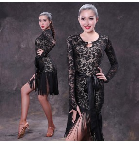 Black lace patchwork tassels fringes long sleeves side split women's ladies female competition performance professional latin ballroom dance dresses outfits