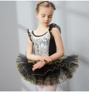 Black lace pink white lace patchwork short sleeves girls kids child children toddlers gymnastics practice competition professional tutu ballet skirt ballet dance costumes dresses 