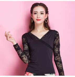 Black lace v neck long sleeves patchwork women's adult competition performance ballroom tango latin waltz dancing tops blouses