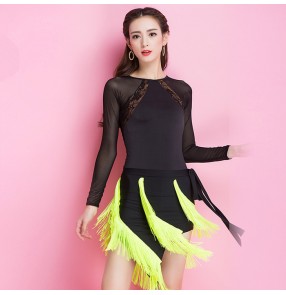 Black neon green fringes patchwork long sleeves back hollow fashion women's ladies sexy stage performance competition latin salsa cha cha dance dresses outfits