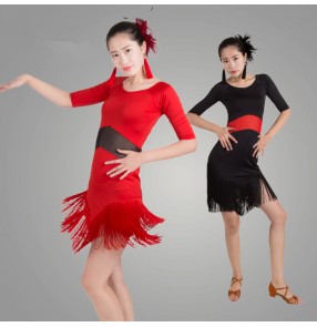 Black red colored patchwork short sleeves competition professional womens ladies female women's  practice latin samba dance cha cha dresses 
