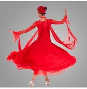 Black red colored women's ladies female long sleeves competition practice professional full skirts  standard ballroom tango waltz long length dresses