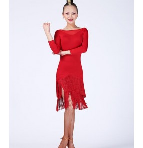 Black red colored women's ladies female professional competition middle long sleeves round neck see through backless latin samba salsa cha cha dance dresses