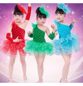 Black red green turquoise polka dot colored velvet with gloves toddlers girls kids child children practice latin  stage performance modern practice gymnastics dance dresses 