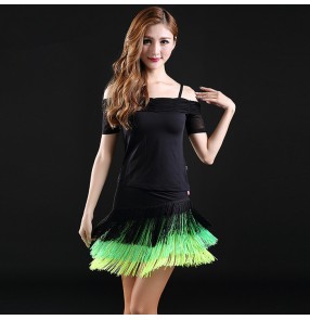 Black red neon green fringes dew shoulder short sleeves women's  ladies female competition professional latin salsa cha cha dance dresses split set top and skirt