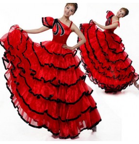 Black red patchwork one shoulder women's ladies female sexy fashion flamenco Spanish bull dance opening dancing stage performance long length dresses skirts outfits costumes